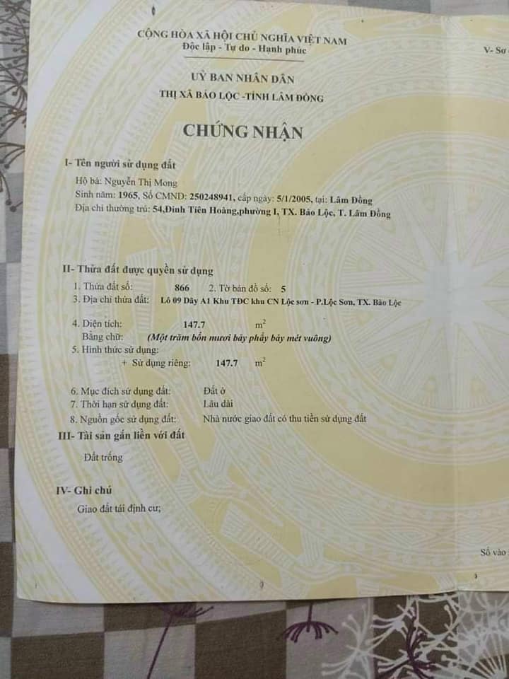 Đất nền thổ cư mặt tiền Tố Hữu Lộc Sơn Bảo Lộc